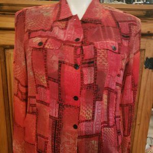 Chico's graphic Sz 1/M Red Silk Button Up Long Sleeve Blouse Shirt Top